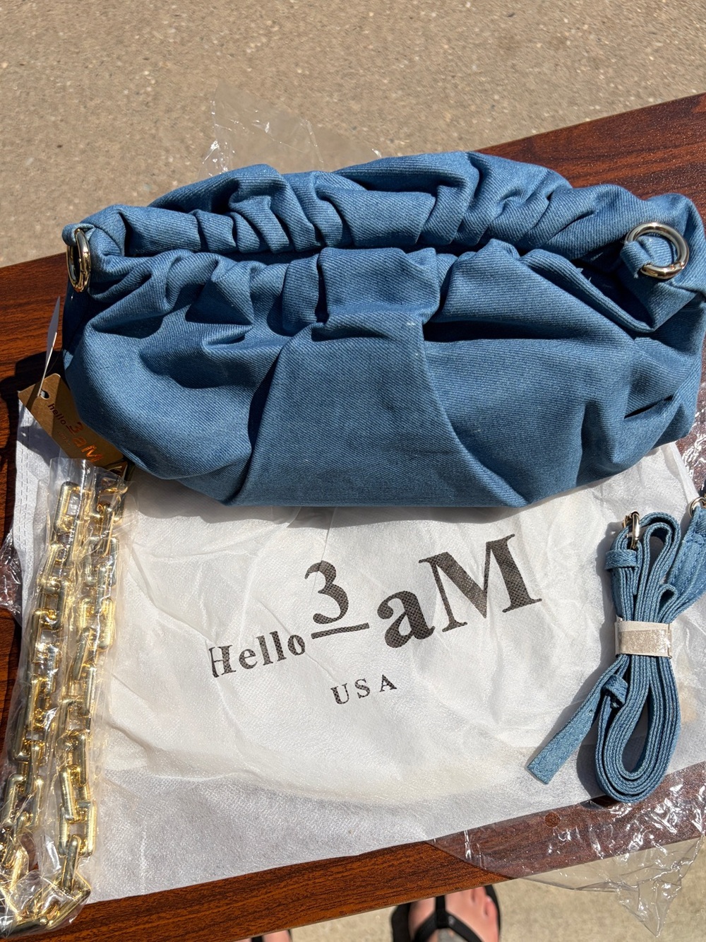 Hello 3AM Blue Ruched Clutch Shoulder Crossbody Bag Gold Chain NWT